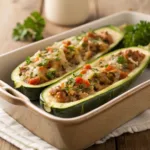Baked zucchini boats filled with savory mixture and melted cheese