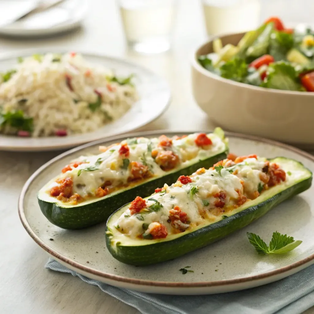 Zucchini boats served with salad and rice