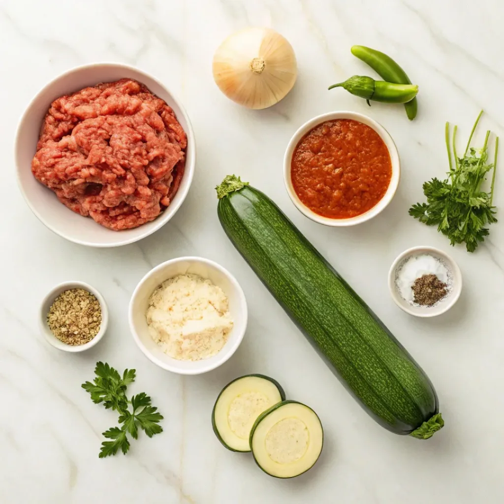 Flat lay of zucchini, filling ingredients, cheese, and herbs