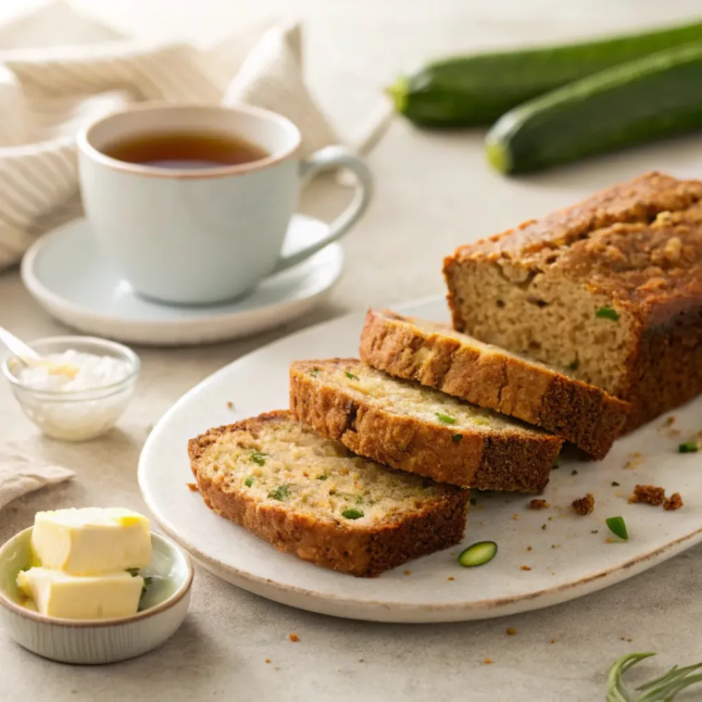 Zucchini bread served with butter and coffee