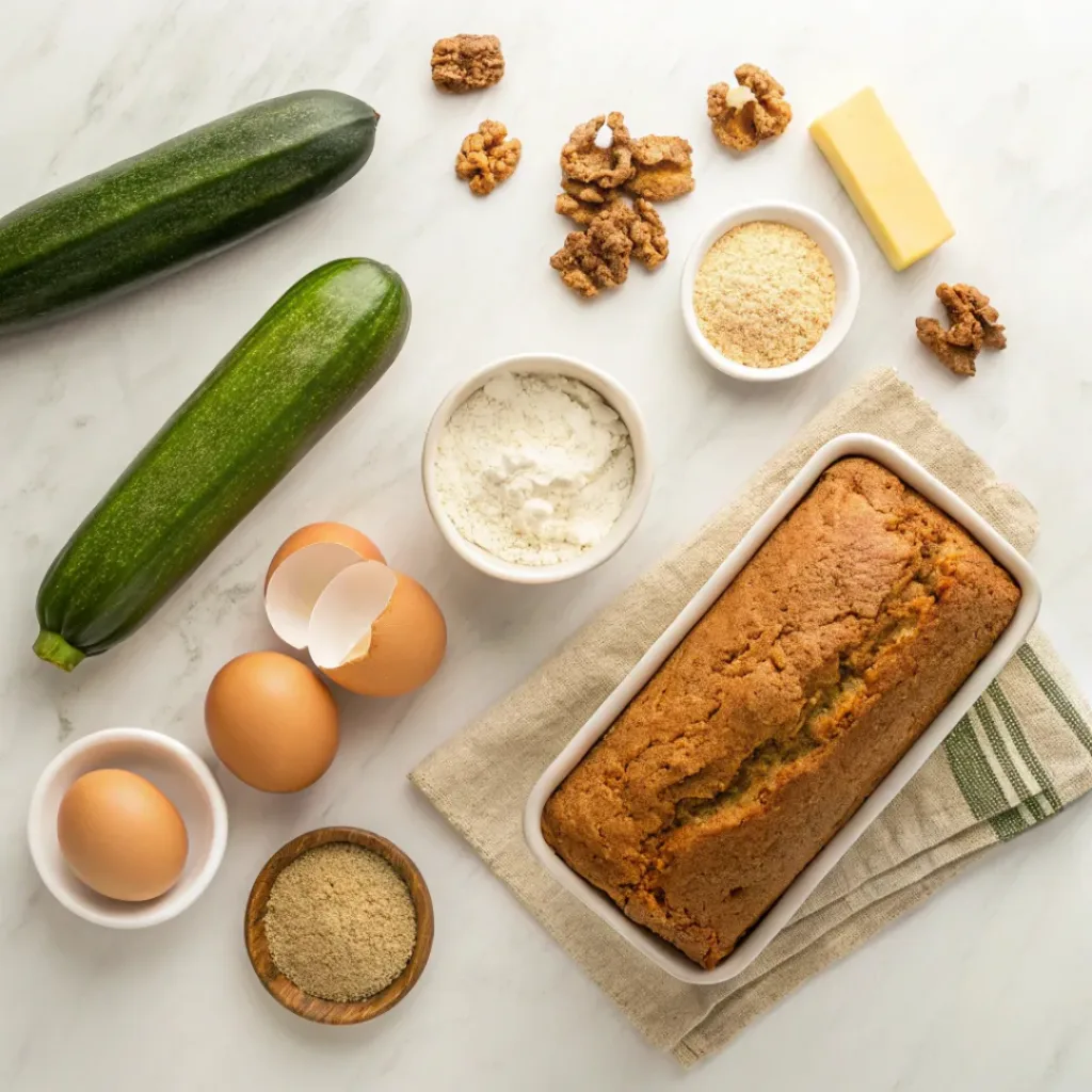 Flat lay of zucchini, flour, eggs, cinnamon, and baking ingredients