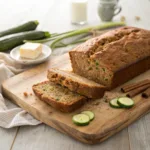 Freshly baked zucchini bread sliced on wooden board