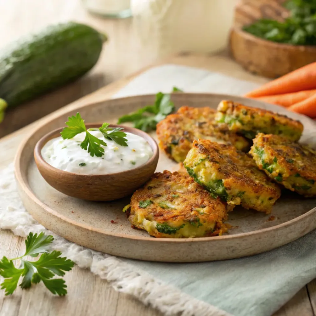 Crispy zucchini carrot fritters served with yogurt dip