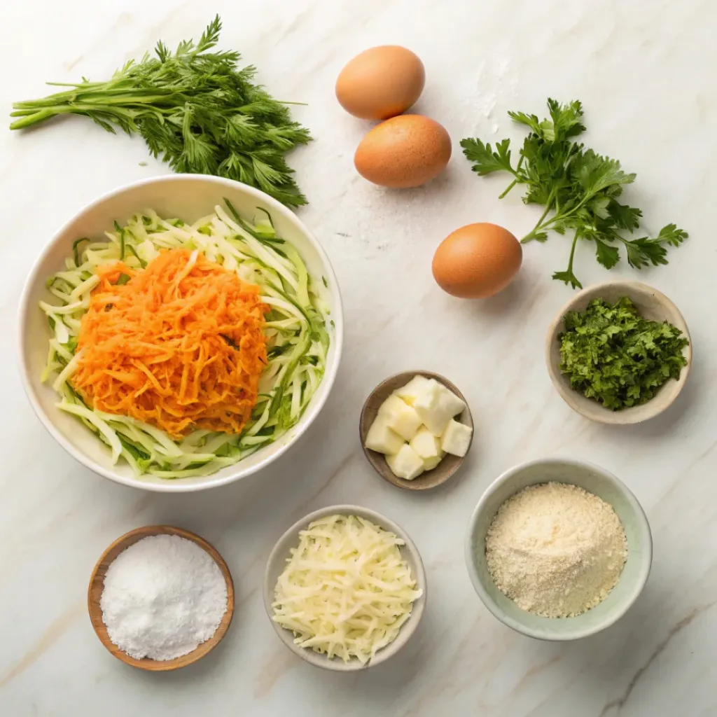 Flat lay of zucchini, carrots, eggs, and fritter ingredients