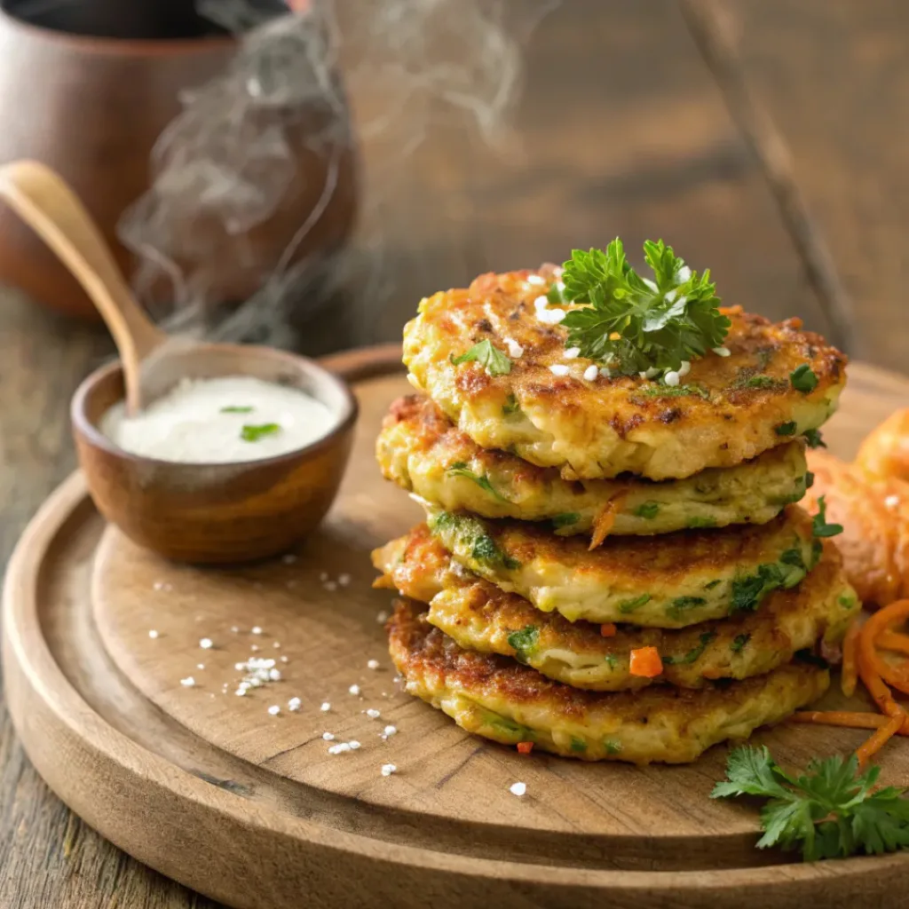 Home 8 Golden zucchini carrot fritters with creamy dipping sauce