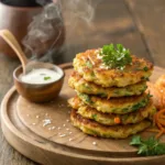 Golden zucchini carrot fritters with creamy dipping sauce