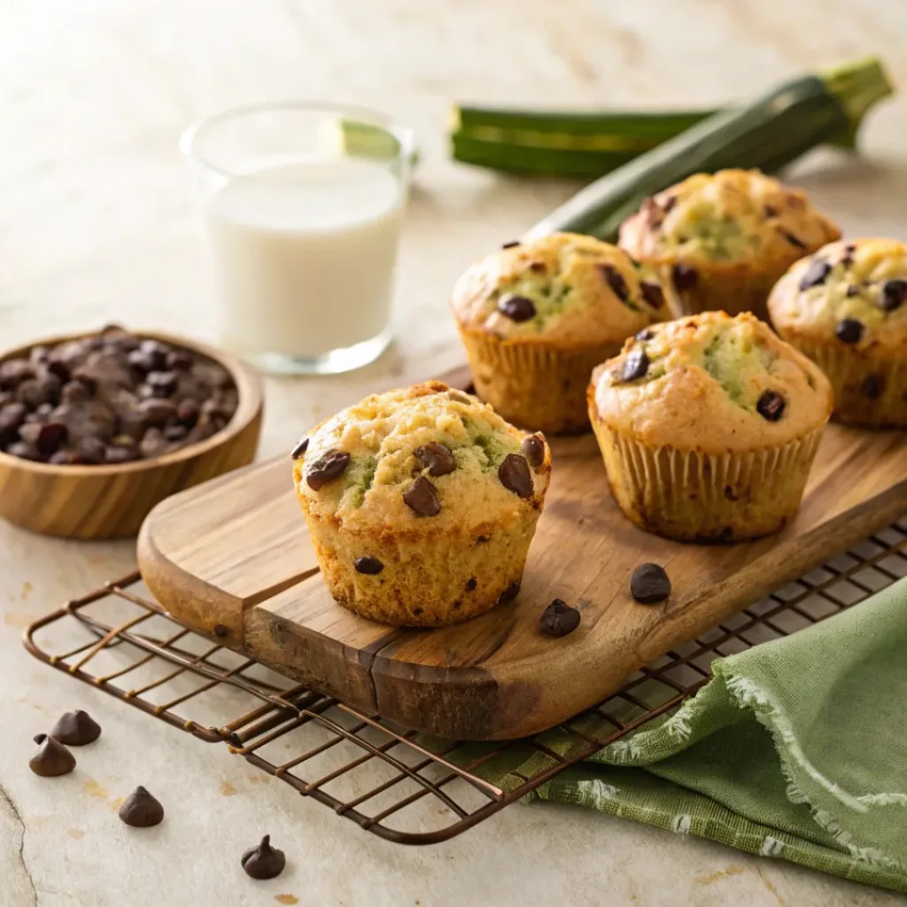 Zucchini chocolate chip muffins served with milk and coffee