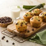 Zucchini chocolate chip muffins with melted chocolate and moist crumb