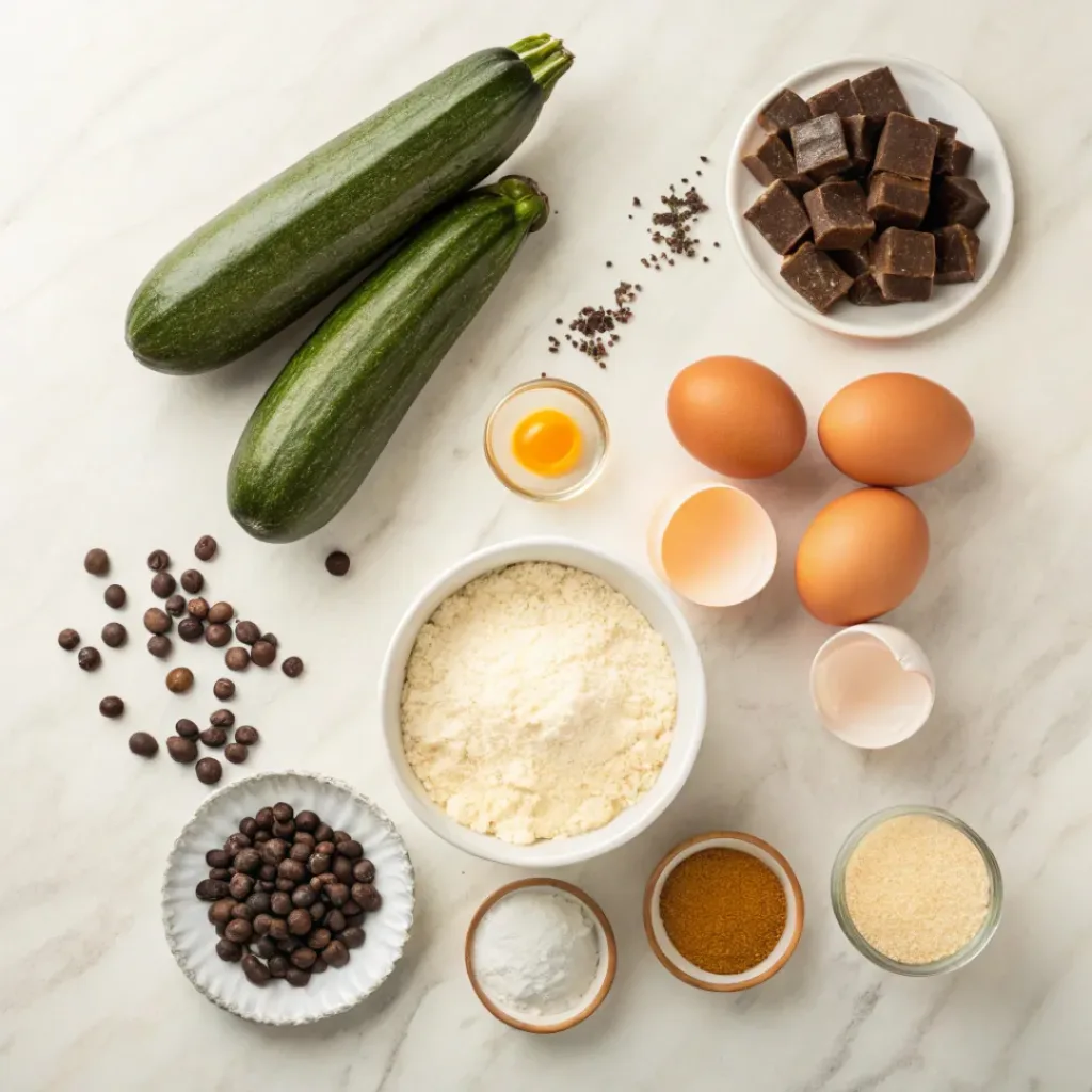 Flat lay of zucchini, chocolate chips, flour, eggs, and baking ingredients