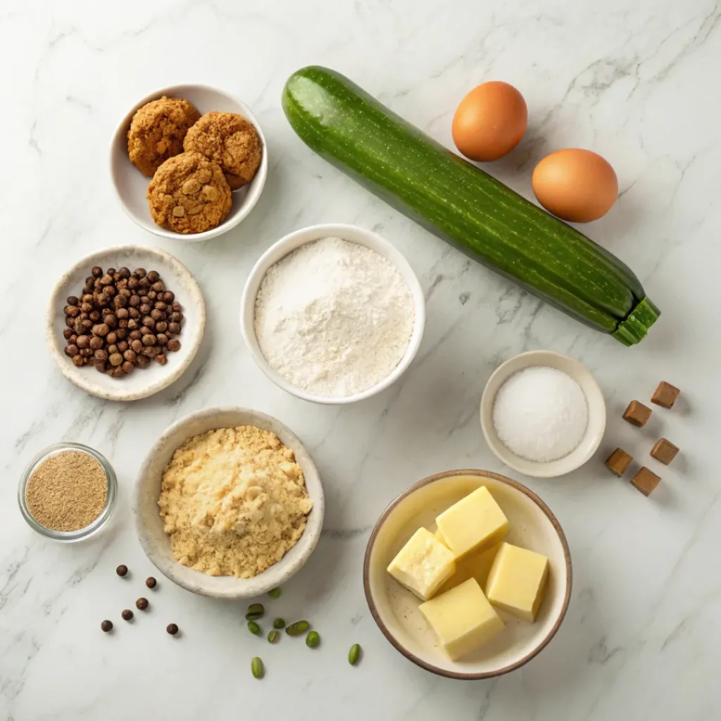 Flat lay of zucchini, flour, sugar, oats, and cookie ingredients