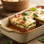 Layered zucchini lasagna with melted cheese and tomato sauce