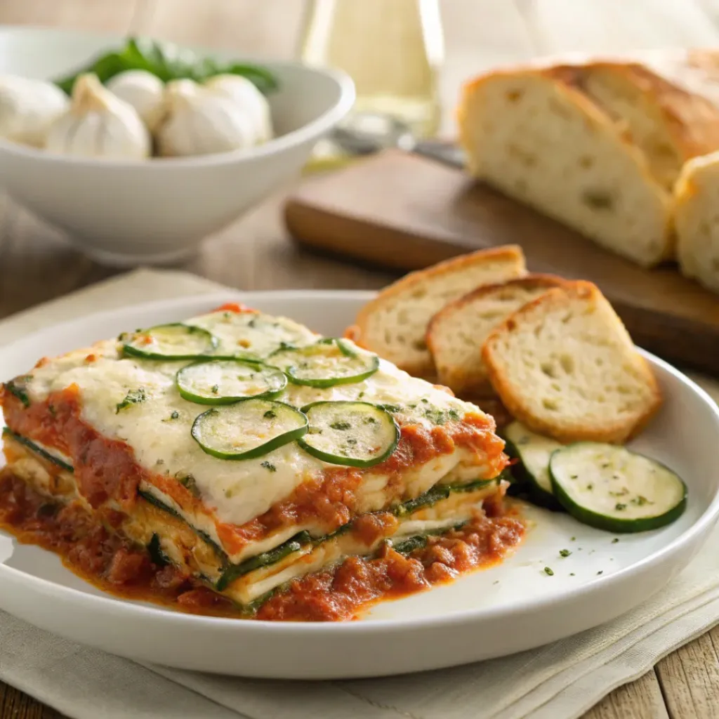 Zucchini lasagna served with salad and garlic bread