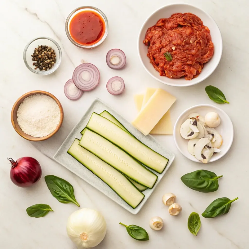 Flat lay of zucchini, cheese, tomato sauce, and lasagna ingredients