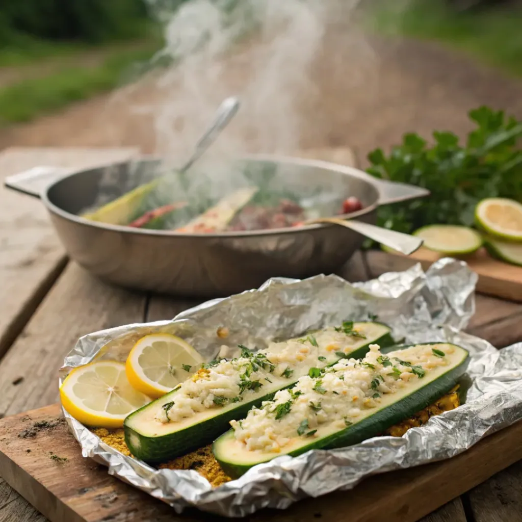 Grilled zucchini parmesan foil packets served open with herbs