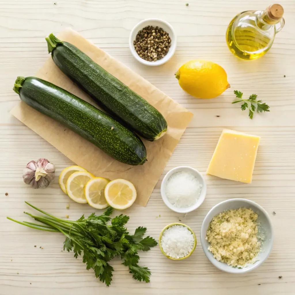 Flat lay of zucchini, parmesan, garlic, herbs, and grilling ingredients