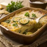 Cheesy zucchini and corn casserole in a baking dish