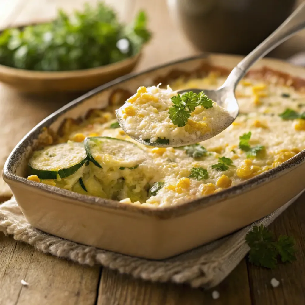 Zucchini and Corn Casserole – Creamy, Cheesy & Comforting Summer Bake 8 Golden zucchini and corn casserole served fresh from the oven
