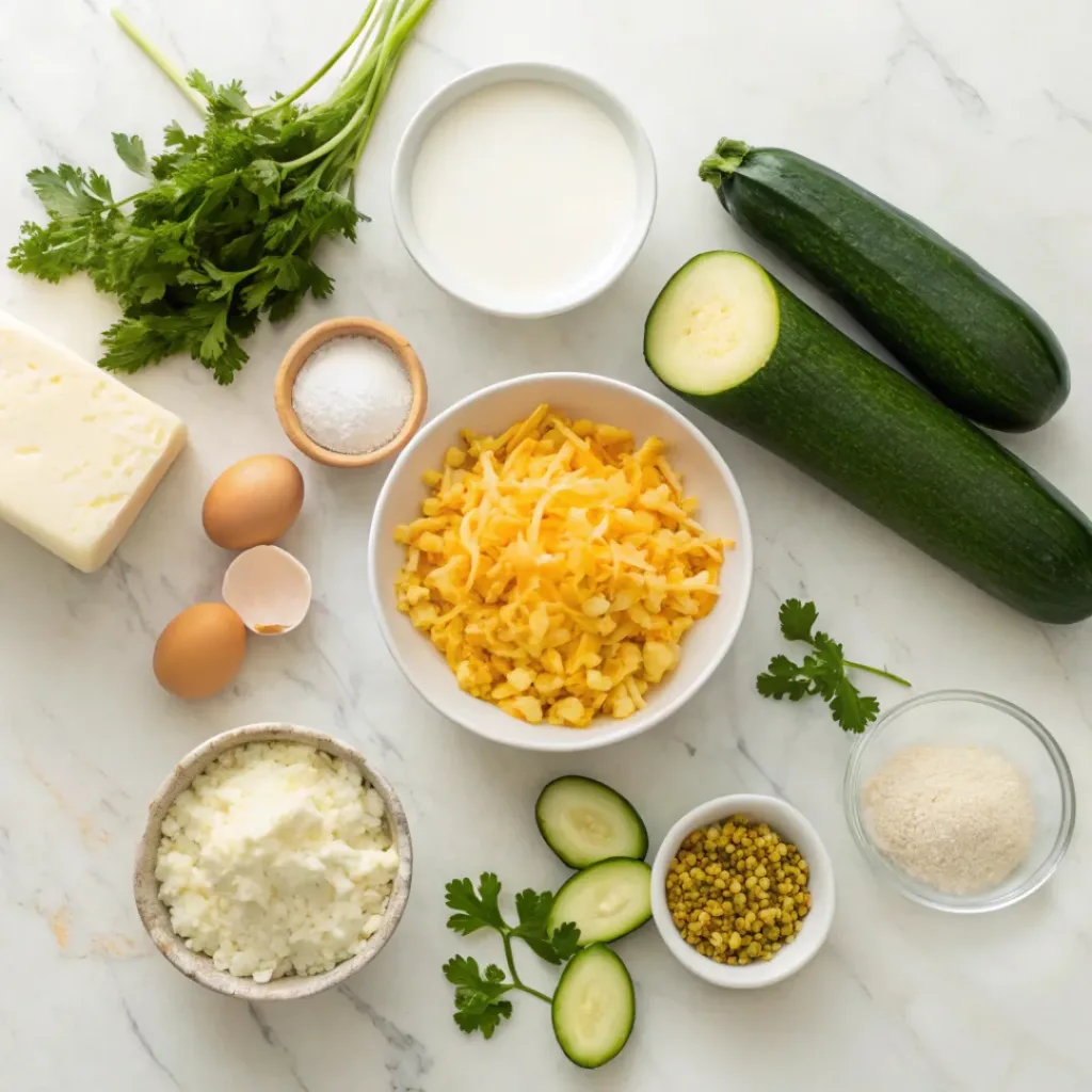 Zucchini and Corn Casserole – Creamy, Cheesy & Comforting Summer Bake 6 Flat lay of zucchini, corn, cheese, eggs, and casserole ingredients