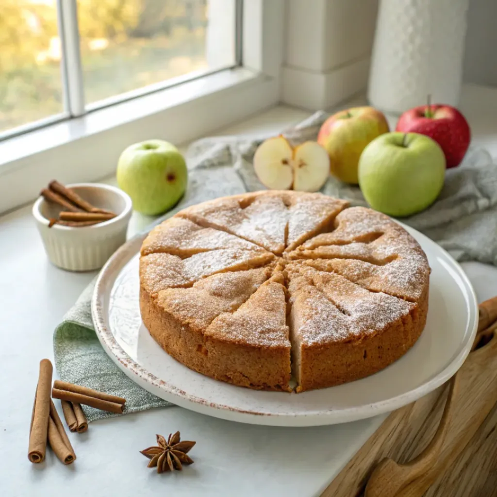Home 8 Homemade apple cider cake with a golden cinnamon sugar crust and tender apple-spiced crumb on a serving plate.