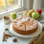 Homemade apple cider cake with a golden cinnamon sugar crust and tender apple-spiced crumb on a serving plate.