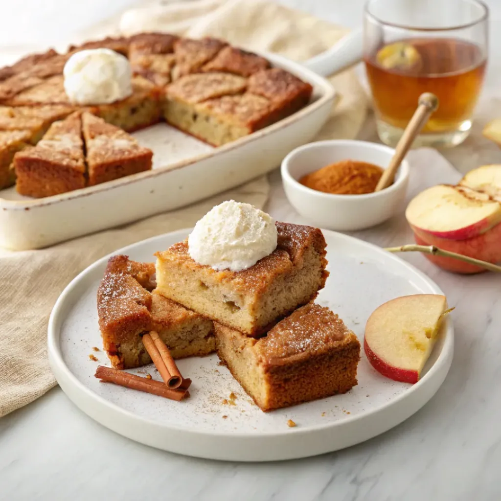 Apple cider cake served with whipped cream, fresh apple slices, cinnamon, and a warm glass of apple cider.