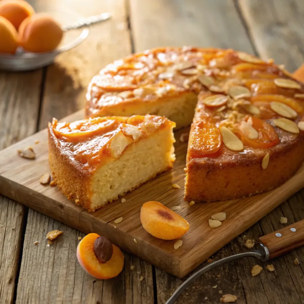 Apricot Glazed Almond Cake – Moist, Nutty & Fruity Bakery-Style Loaf 8 Slice of almond cake with glossy apricot glaze and toasted almonds