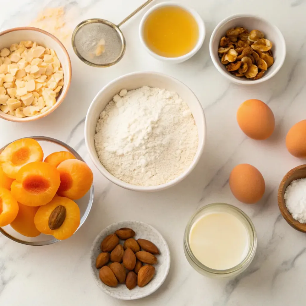 Apricot Glazed Almond Cake – Moist, Nutty & Fruity Bakery-Style Loaf 6 Flat lay of apricots, almond flour, eggs, butter, and baking ingredients