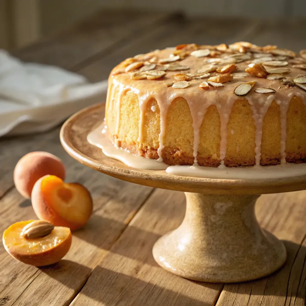 Almond cake with glossy apricot glaze and toasted almonds
