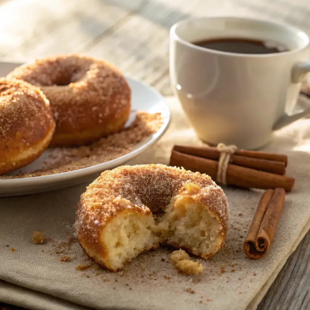 Baked Cinnamon Sugar Donuts – Soft, Fluffy & Bakery-Style 8 Golden baked donuts coated in cinnamon sugar with fluffy interior