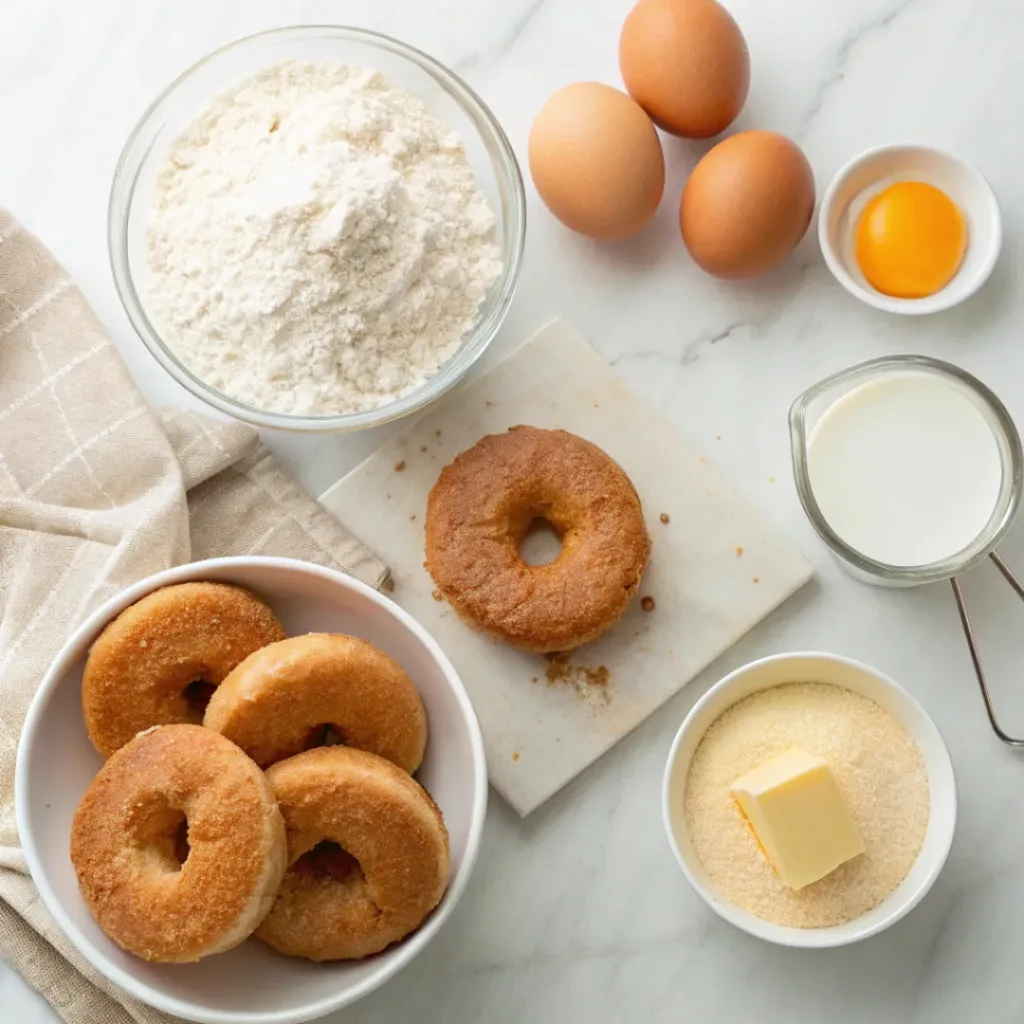 Baked Cinnamon Sugar Donuts – Soft, Fluffy & Bakery-Style 6 Flat lay of flour, cinnamon, sugar, eggs, and baking ingredients