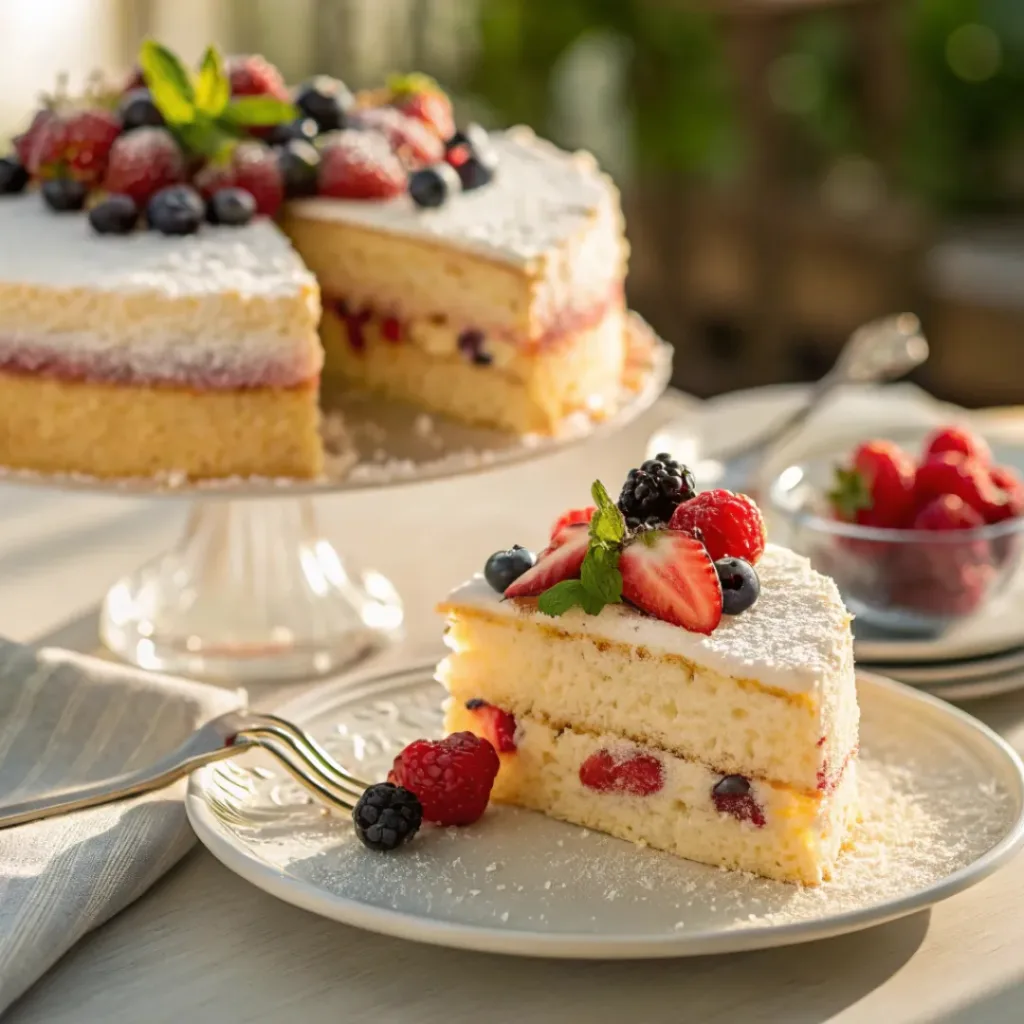 Slice of berry Chantilly cake with fresh berries and cream filling