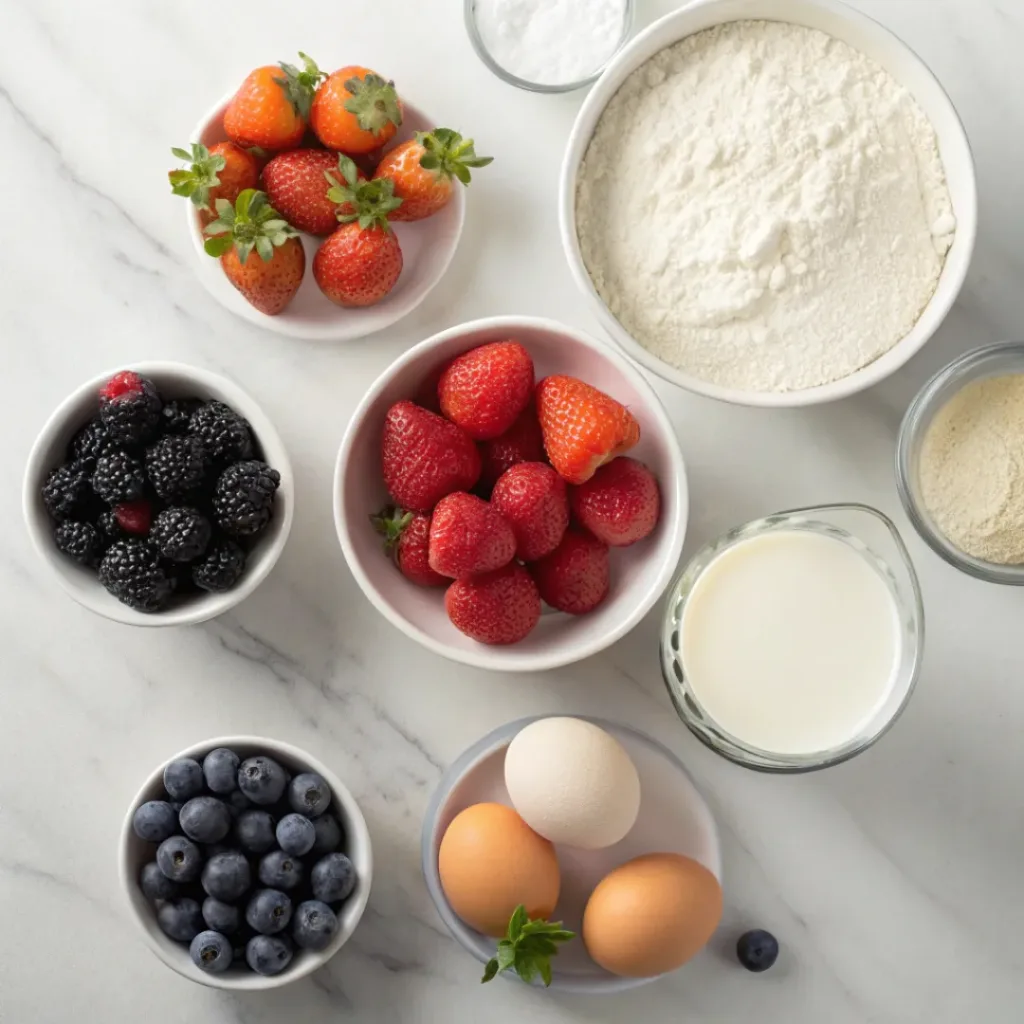 Flat lay of mixed berries, cake ingredients, mascarpone, and cream