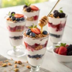Layered berry yogurt parfaits with granola and fresh fruit