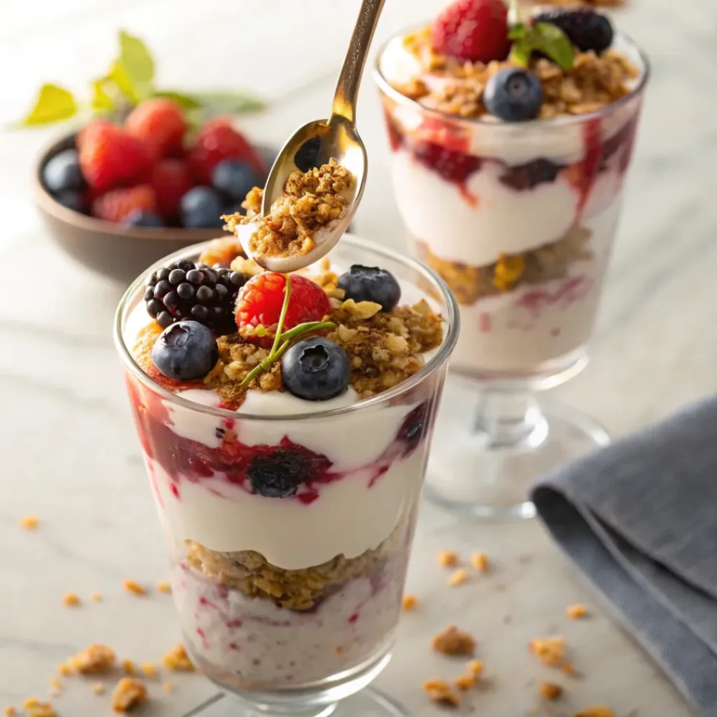 Berry Yogurt Parfaits – Easy, Fresh & Healthy Layered Breakfast 8 Layered yogurt parfaits with berries, granola, and honey drizzle