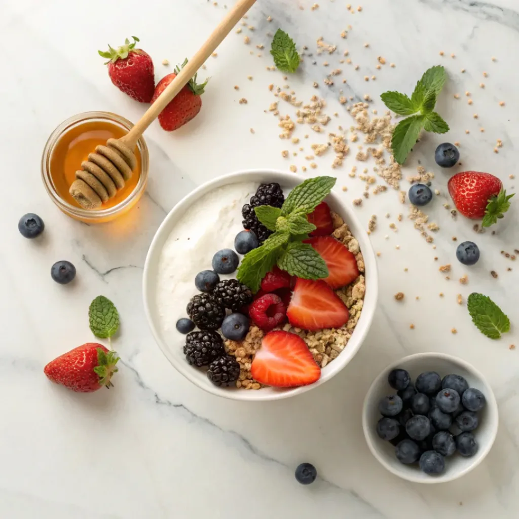 Berry Yogurt Parfaits – Easy, Fresh & Healthy Layered Breakfast 6 Flat lay of yogurt, berries, granola, and honey ingredients