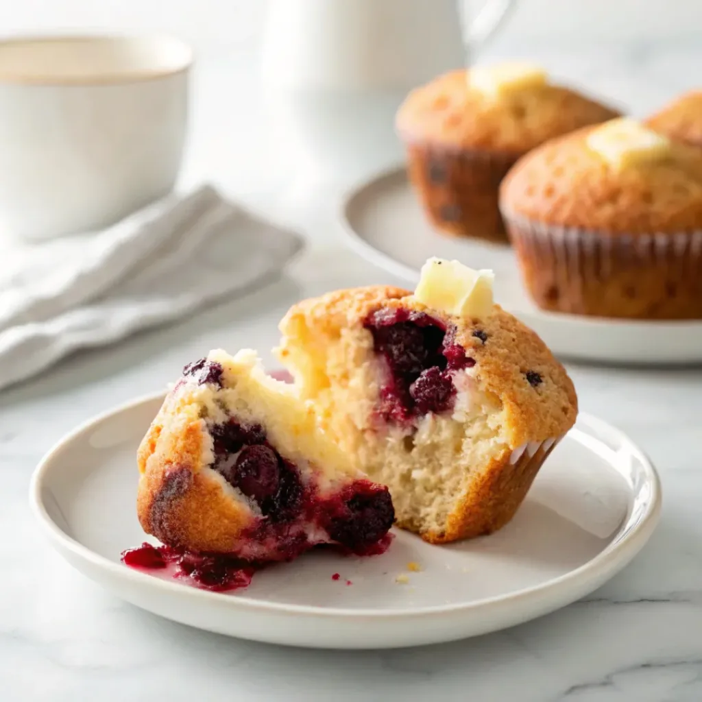 black raspberry muffins split open with butter serving ideas