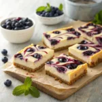 Blueberry cheesecake bars with graham crust and blueberry swirl
