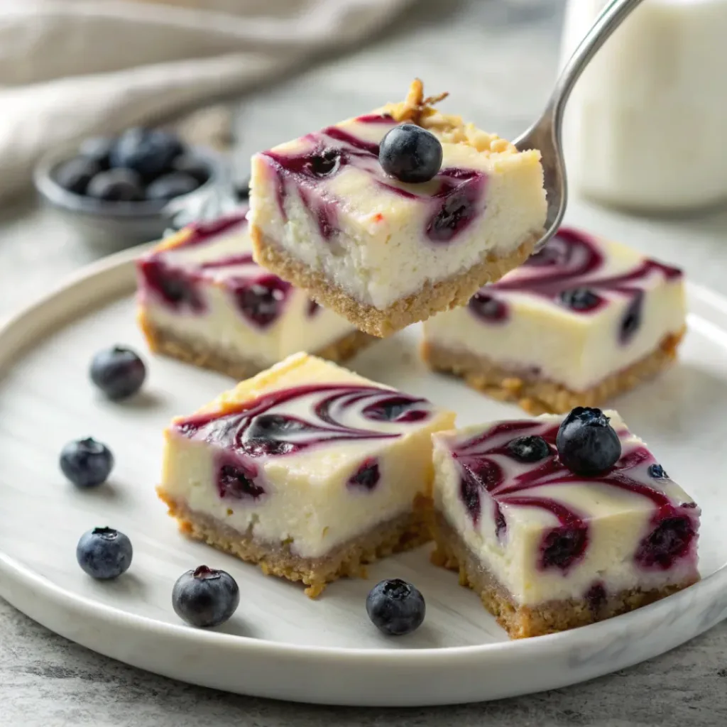 Cheesecake bars with blueberry swirl and graham crust on plate