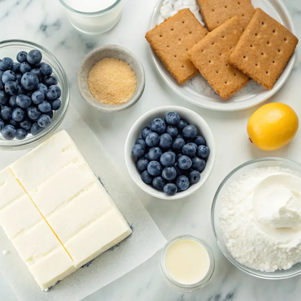 Flat lay of cream cheese, blueberries, graham crackers, and baking ingredients