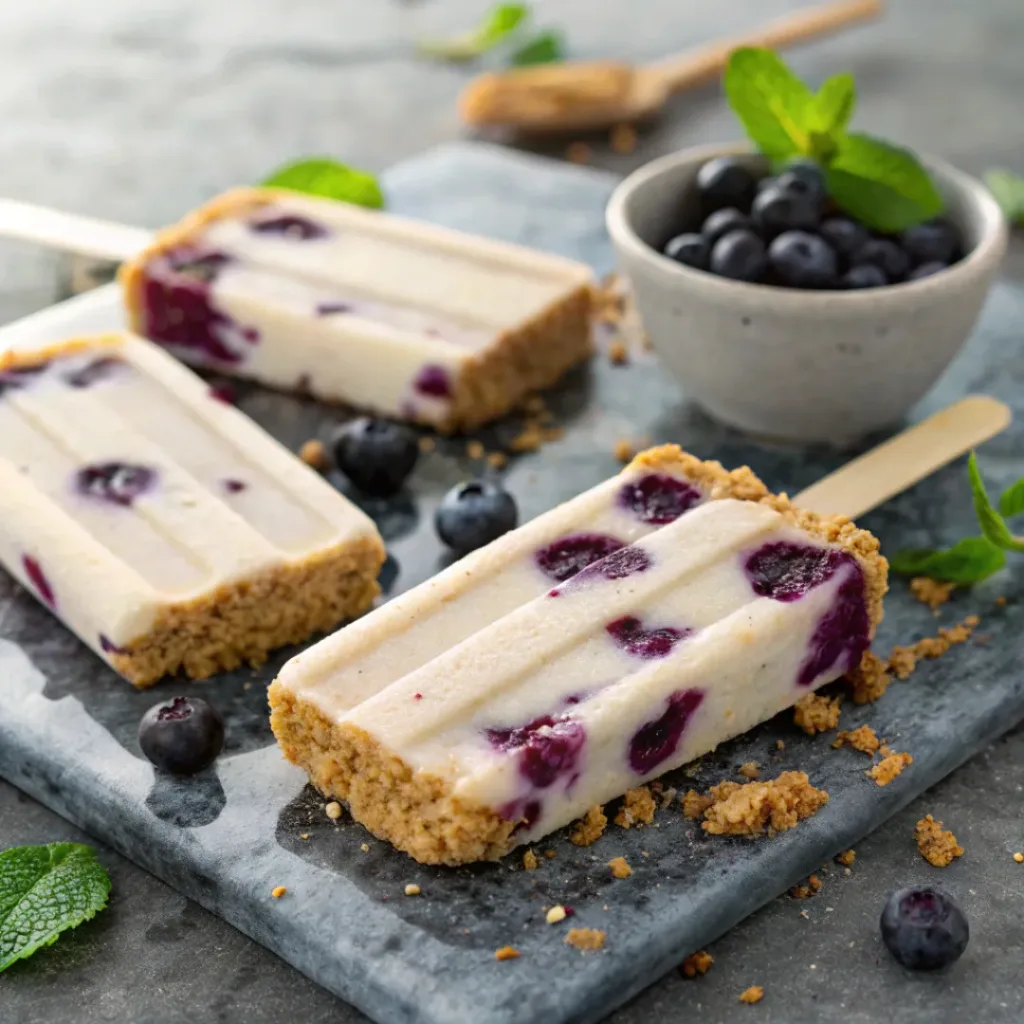 Blueberry Cheesecake Popsicles – Creamy, Fruity & No-Bake Summer Treat 8 Frozen blueberry cheesecake popsicles with graham cracker coating