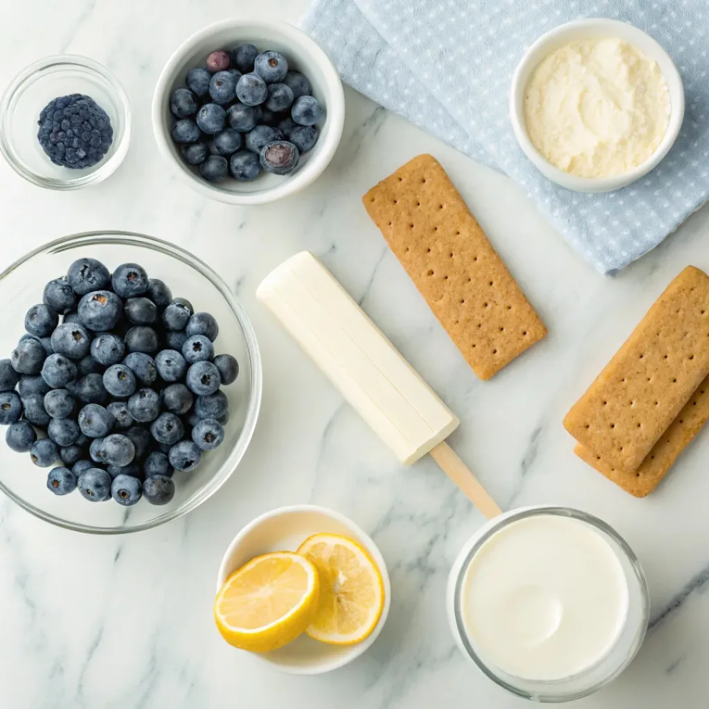 Blueberry Cheesecake Popsicles – Creamy, Fruity & No-Bake Summer Treat 6 Flat lay of blueberries, cream cheese, yogurt, and graham crackers