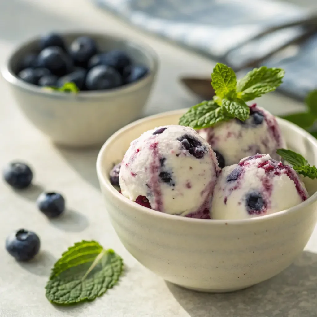 Frozen blueberry yogurt bites with creamy center and fresh berries
