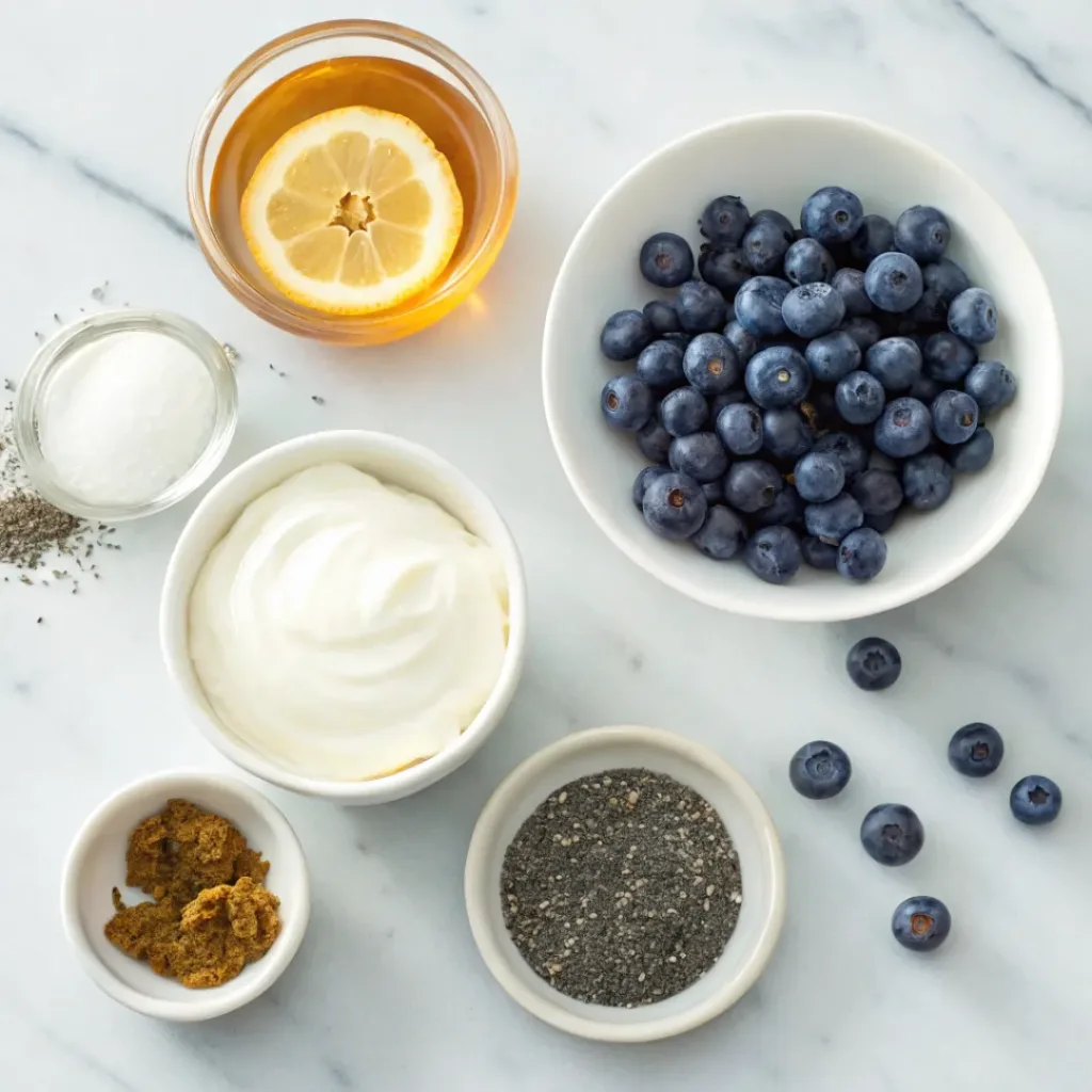 Flat lay of Greek yogurt, blueberries, honey, and healthy snack ingredients