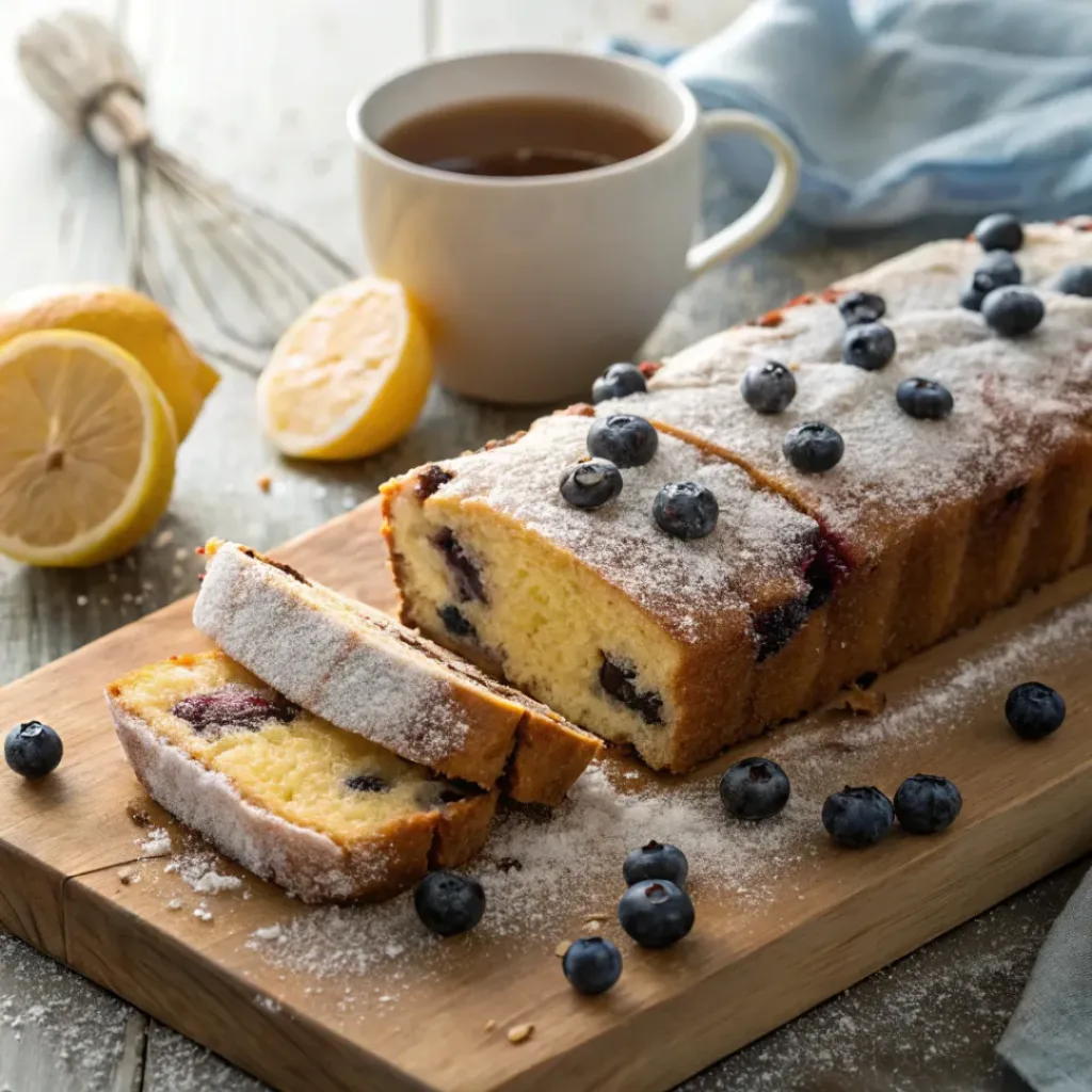 Blueberry Lemon Yogurt Cake – Moist, Bright & Bursting with Blueberries 8 Slice of blueberry lemon yogurt cake with glaze and fresh berries