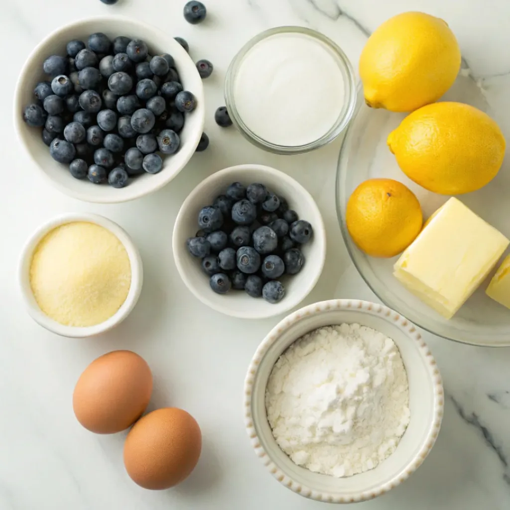 Blueberry Lemon Yogurt Cake – Moist, Bright & Bursting with Blueberries 6 Flat lay of blueberries, lemons, yogurt, flour, eggs, and baking ingredients