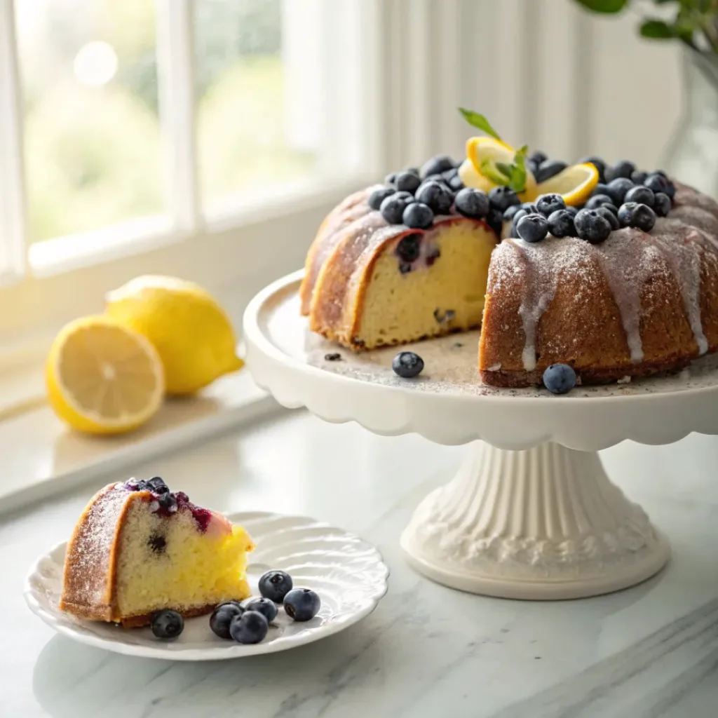 Home 8 Blueberry lemon yogurt cake with lemon glaze and fresh blueberries