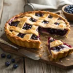 Homemade blueberry pie with golden lattice crust and juicy filling