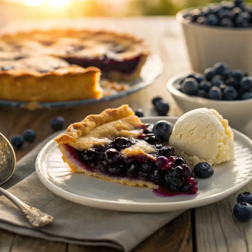 Slice of blueberry pie with flaky crust and vanilla ice cream
