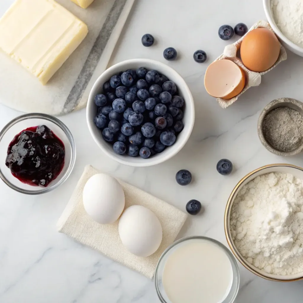 Blueberry Pop Tarts – Homemade Flaky Breakfast Pastries 6 Flat lay of blueberries, flour, butter, sugar, and pastry ingredients