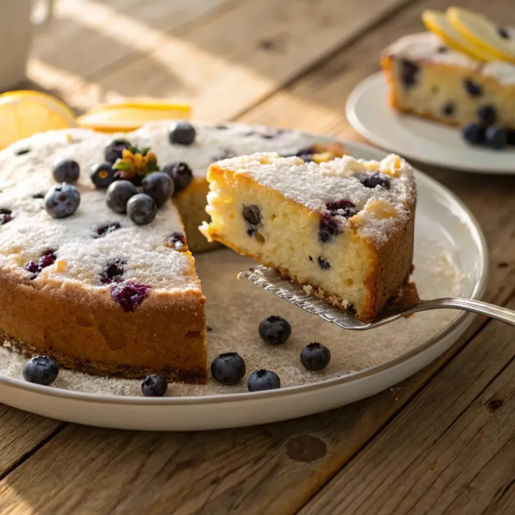 Slice of blueberry ricotta cake with powdered sugar and fresh berries